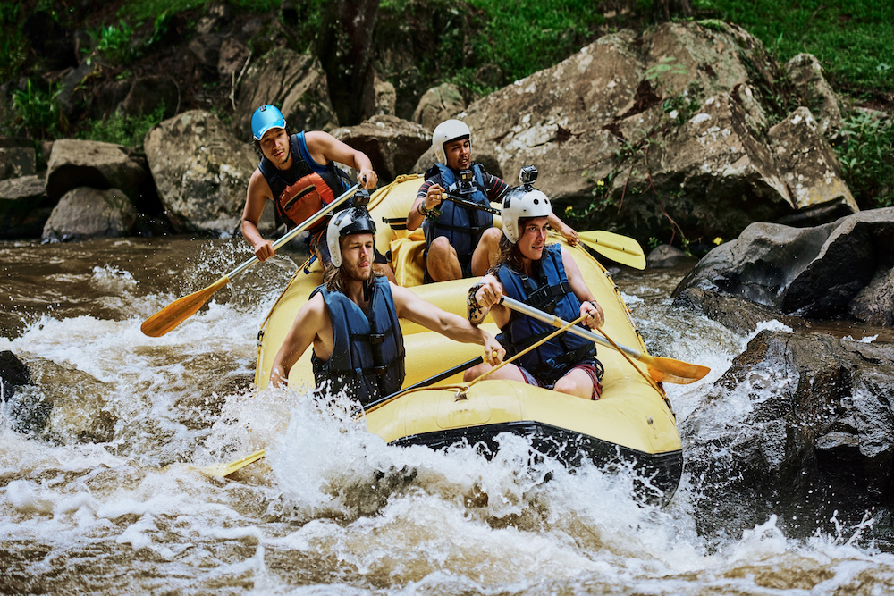 white water rafting, paddling in rapids